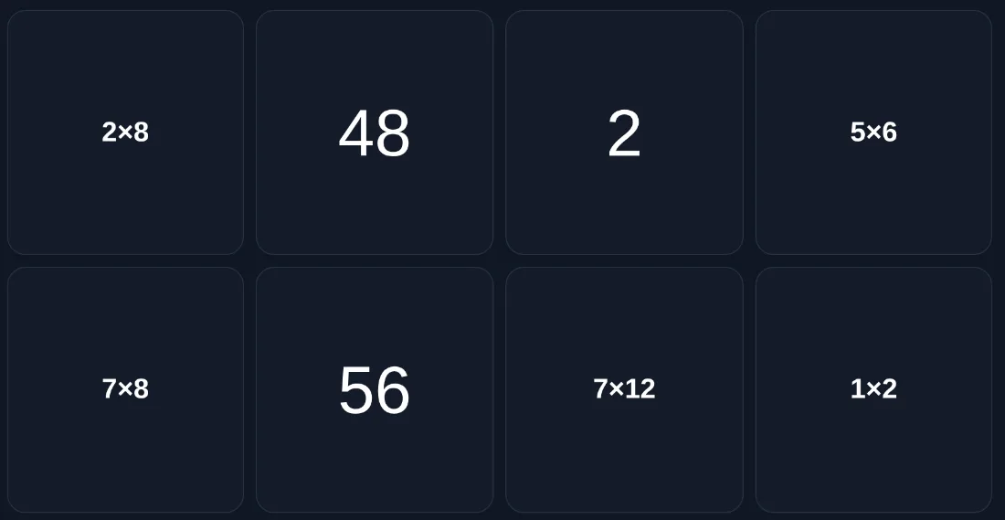 Multiplication facts being matched in the Match Me game